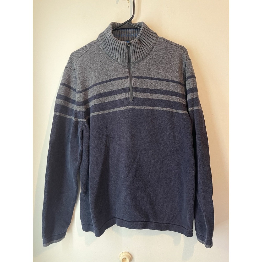 Eddie Bauer Men's Large Quarter Zip Cotton Pullover Sweater Navy Blue/Gray